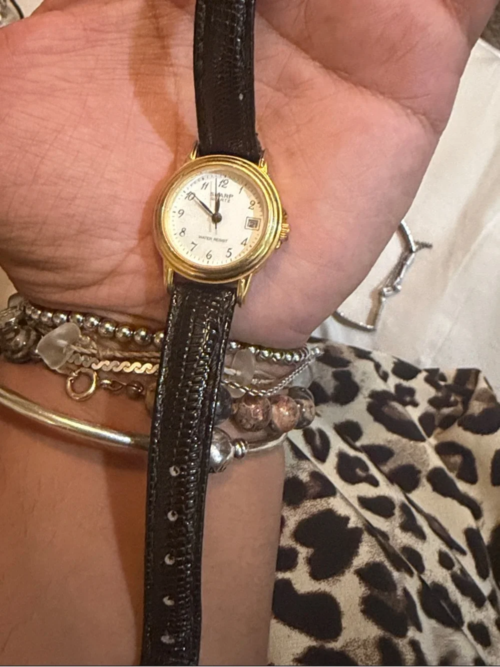 Sharp Quartz Women's Gold-Tone Watch with Black Leather Strap